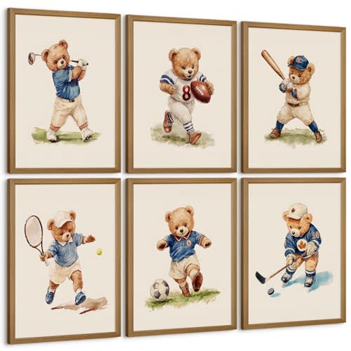 Nursery Bear Sports Wall Art Vintage Boy Room Canvas Wall Decor Baby Teddy Bear Pictures Boy Nursery Art Prints Kids Animal Poster Artwork for Toddler Bedroom Playroom 8x10 Inch Wood Framed 6Pcs