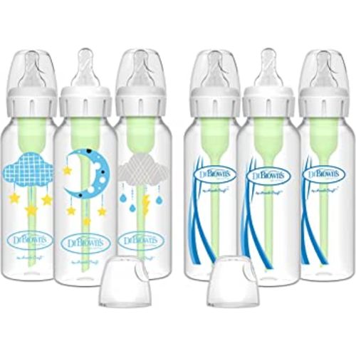 Dr. Brown’s Natural Flow® Anti-Colic Options+™ Narrow Baby Bottles 8 oz/250 mL, with Level 1 Slow Flow Nipple, 6 Pack, 0m+ Moon/Clouds Gift Set
