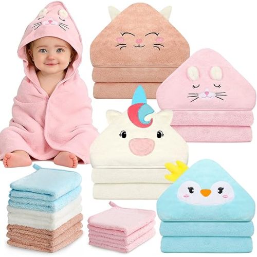 Flasoo 14 Pcs Baby Towel Set, Soft Baby Bath Towels and Washcloths Set, 4 Pcs 32x32 in Animal Hooded Bath Towel & 10 Pcs Baby Washcloths for Infants, Toddlers and Kids for Boys or Girls
