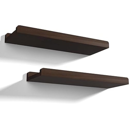 Love-KANKEI Floating Shelves Wall Mounted Set of 2, 17 Inch Rustic Wood Wall Shelves for Storage, Bedroom Living Room Bathroom Kitchen Office and More Dark Walnut