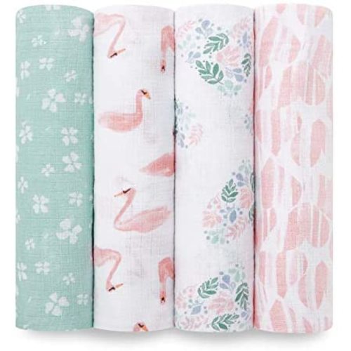 aden + anais Essentials Muslin Swaddle Blankets for Baby Girls and Boys, Newborn Receiving Blanket for Swaddling, 100% Cotton Baby Swaddle Wrap, 4 Pack, Floral, Briar Rose