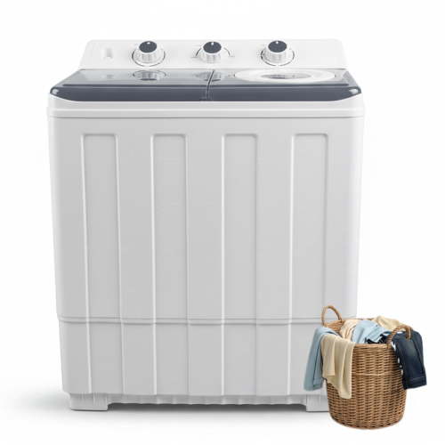 Dawmilon 14lbs Portable Twin Tub Washing Machine, Compact Electric Washer with Drain Pump for Apartment, Dorm, Grey