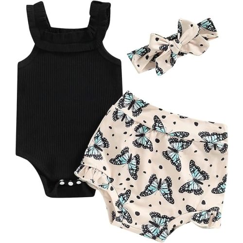 3pcs Toddler Girls Summer Outfits Ribbed Halter Crop Top Romper Bodysuit +Floral Bloomer Shorts+Headband Clothes Set