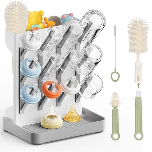 Baby Bottle Drying Rack: Vertical Space Saving Countertop Drying Rack - BPA-Free Baby Accessories Storage Stand Organize Brushes Pacifiers on Countertop - Elegant Grey