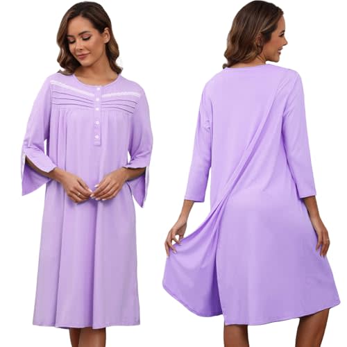 Liokoc Hospital Gowns for Women Tear Away Snap 3/4 Sleeve Open Back Post Shoulder Surgery Dresses Delivery Nightgown S-3XL