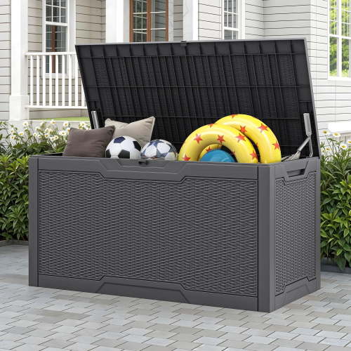 Dextrus 100 Gallon Large Resin Deck Box , Dark Gray Water Resistant Outdoor Storage Container, Lockable Organizer for Patio Cushions, Garden Tools, Pool Supplies & Indoor Outdoor Essentials