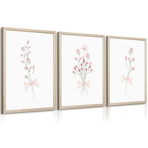 Nursery Flower Wall Art Girl Floral Canvas Wall Decor Boho Wildflower Art Poster Pink Bow Pictures Nursery Floral Prints Vintage Botanical Artwork for Girls Room Bedroom 12x16 Inch Wood Framed 3Pcs