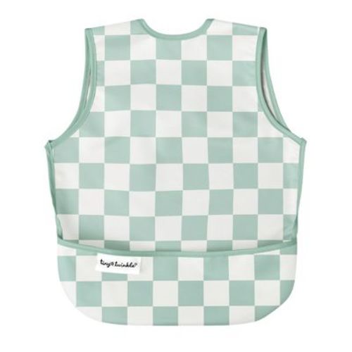 Tiny Twinkle Mess-Proof and Waterproof Baby Bib/Apron, Machine Washable and BPA-Free (Sage Checkers, Small 6-24 Months)