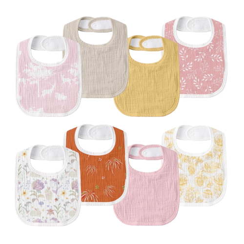 Gllquen Baby Muslin Cotton Drool Bibs Adjustable 8 Pack Soft Baby Bandana Bibs for Newborn Girls Boys Feeding Essentials, Blossom