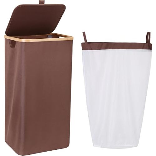 Sea Team Brown 90L Foldable Laundry Bin Bamboo Handles Removable Liner | 90L extra large detachable inner bag, suitable for bedroom, closet, laundry room and family clothes storage