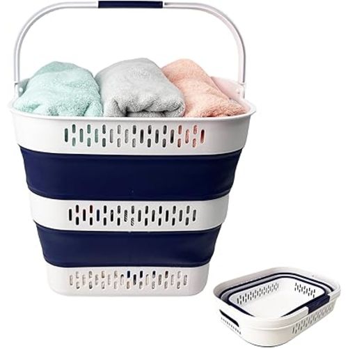 SAMMART Cesta de plástico plegable de 38 litros (10 galones), contenedor de almacenamiento plegable y organizador, cesta portátil para ahorrar espacio (1, blanco/azul estrellado)