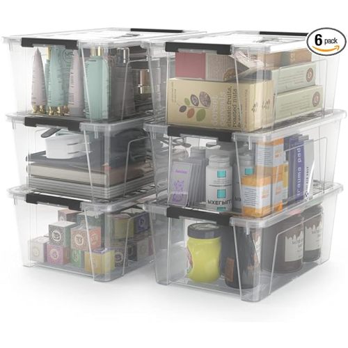 Clear Storage Latch Bins, 6-Pack Storage Organizer Box with Handle and Lids, 5-Litre