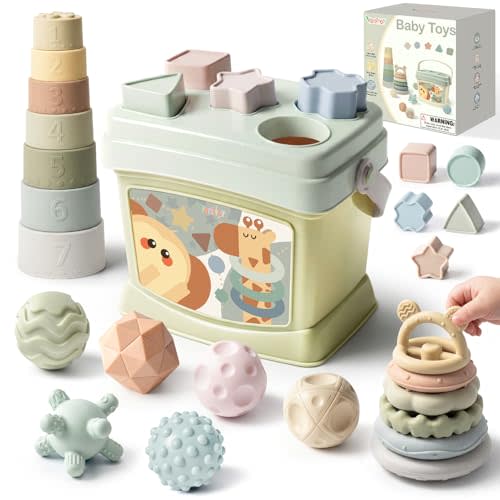 Baby Toys 6-12 Months, Montessori Toys for Babies, Shape Sorter & Stacking Rings & Stacking Cups & Sensory Balls, Teething Toys & Stacking Toys for 6+ Months, Neutral Color Gift for Boys Girls