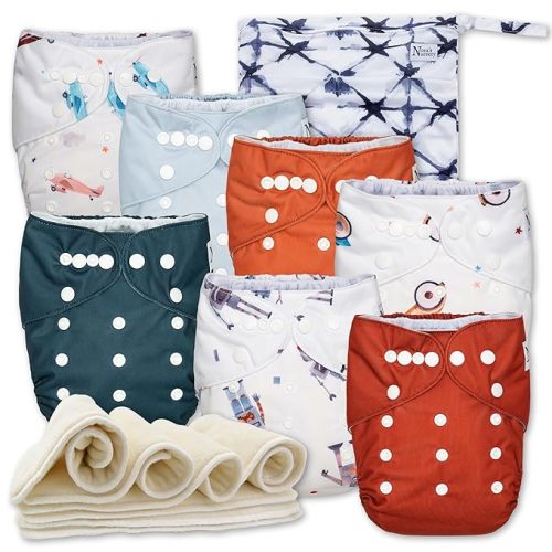 Nora's Nursery Cloth Diapers 7 Pack with 7 Inserts & 1 Wet Bag - Waterproof Cover, Washable, Reusable & One Size Adjustable Pocket Diapers for Newborns and Toddlers - Toy Box
