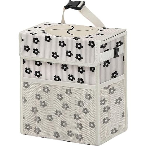 Corduroy Car Trash Can with Lid and Mesh Pockets - Leakproof Organizer,Multipurpose Waterproof Garbage Can/Trash Bin for Car(Off-White Base with Black Floral Print-2 Gallons)