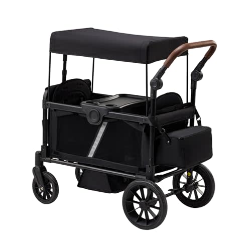 Stroller Wagon for 2 Kids, All-Terrain Wagon with Side-Open Door | 8"/12" Shock-Absorbing Wheels, Removable Canopy, Snack Tray, Large Storage Bags, 5-Point Safety Harness, Black