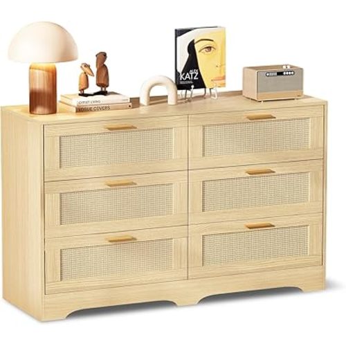 Redlife 6 Drawer Rattan Dresser for Bedroom, Modern Double Dresser with Gold Handles, Wood Storage Chest of Drawers for Closet, Living Room, Hallway and Entryway, Natural