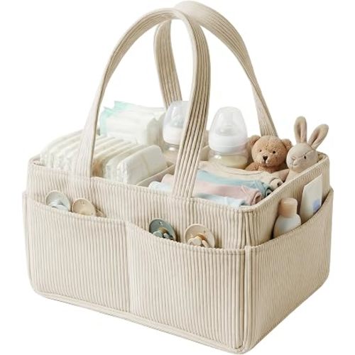 Baby Diaper Caddy Organizer, Portable Corduroy Diaper Storage Basket with Handle, Nappy Caddy Storage Basket for Newborn Essentials and Diaper Station, Baby Shower Gifts for Boy or Girl