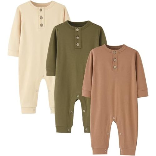 Bafeicao 3 Pack Unisex Newborn Baby Boy Girl Rompers Cotton Long Sleeve Button Jumpsuit One-Piece Clothes Outfits