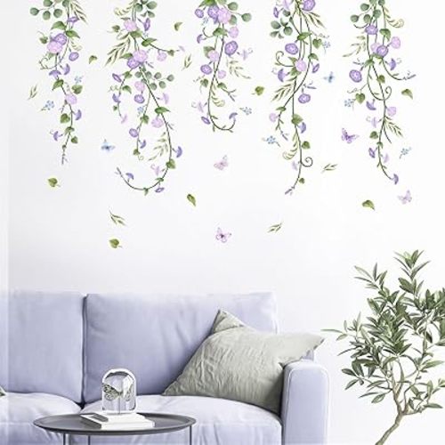 Hanging Flowers Vine Wall Stickers Purple Morning Glory Floral Wall Decals Vine Leaves Butterflies Art Wall Decor for Girls Bedroom Living Room Sofa TV Backdrop