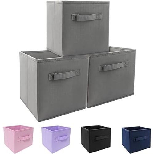 Mini Size 3-Pack Cube Storage Bins 9.0"x7.5"x7.5" Fabirc Foldable Closet Toy Organizer Collapsible Cloth Gray