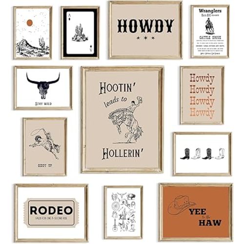 Aroutde 12Pcs Western Cowboy Wall Decor, Southwest Canvas Home Wall Art, Farmhouse Retro Prints Boot Horse Hat HOWDY Posters, Unframed Wall Decor for Home Office Bedrooms Living Room