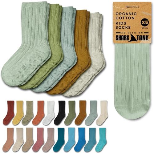 Foot Cardigan Organic Cotton Kids Socks, Non Slip Grip Crew, 5 Pairs Boys Girls Toddler to Teen Ages 2-14