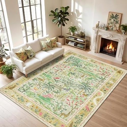 8x10 Washable Rug for Living Room Green Animal Print Large Bedroom Rugs Non Slip Forest Nursery Girls Room Throw Carpet Stain Resistant Whimsical Safari Area Rugs for Home Office, Sage Green