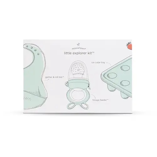 Moss and Fawn Little Explorer Kit - Silicone Frozen Breast Milk Popsicle Kit with Forage Feeder, Teething Popsicle Ice Cube Tray, & Gather & Roll Baby Feeding Bib - BPA, PVC, & Lead-Free - Fern