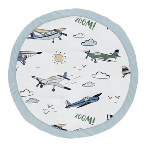 Sweet Jojo Designs Vintage Airplane Boy Baby Tummy Time Playmat Green Blue Yellow Airplanes Plane Transportation Clouds Sun Sky