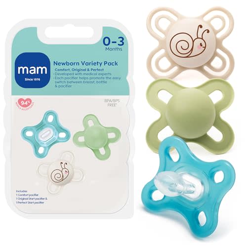 MAM Pacifier 0-3 Months Variety Set, 1 Comfort, 1 Perfect Start, 1 Original Start, Developed with Medical Experts Specially for Smaller Newborn Mouths, BPA-Free Silicone Nipple, 3Pk, Made in Europe