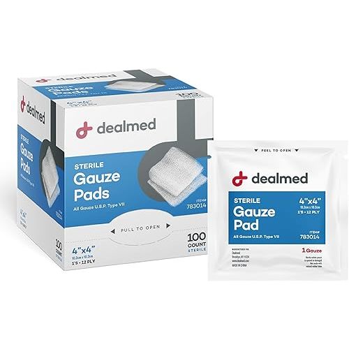 Dealmed Sterile 4x4 Gauze Pads Individually Wrapped, Disposable Medical Gauze for Wound Care, First Aid, Non-Stick, Highly Absorbent, Breathable Cotton, 100 Count (Pack of 1)