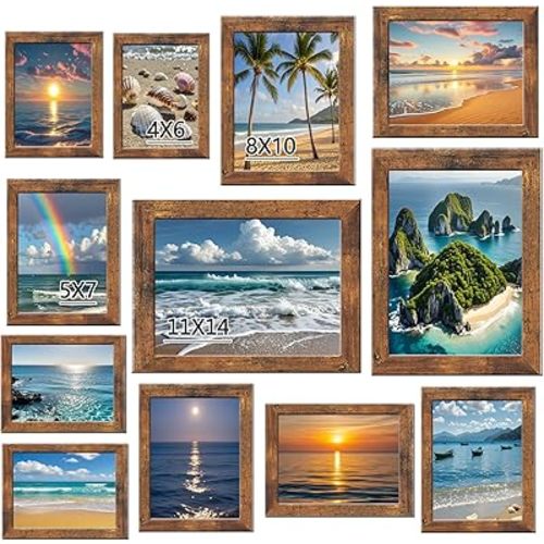 12 pack assorted gallery wall picture frame,rustic farmhouse wood picture frames multiple sizes including 4x6, 5x7, 8x10, 11x14, Ideal for living room hanging or tabletop display,Brown