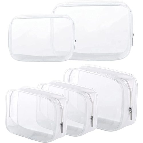 5 Pack Clear Plastic Zippered Toiletry Carry Pouch White Small/Large