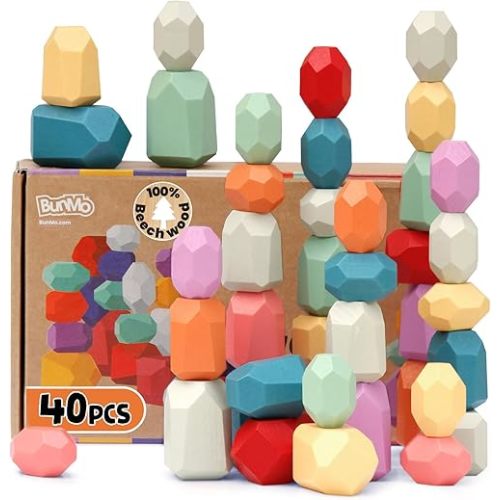 BUNMO 40pcs Wooden Stacking Blocks – Montessori Balance Stones & Sensory Table Accessory – Educational Wooden Stacking Toys for Toddlers (Ages 3-5) – Fun Balance Game for Kids, Preschool & Classroom