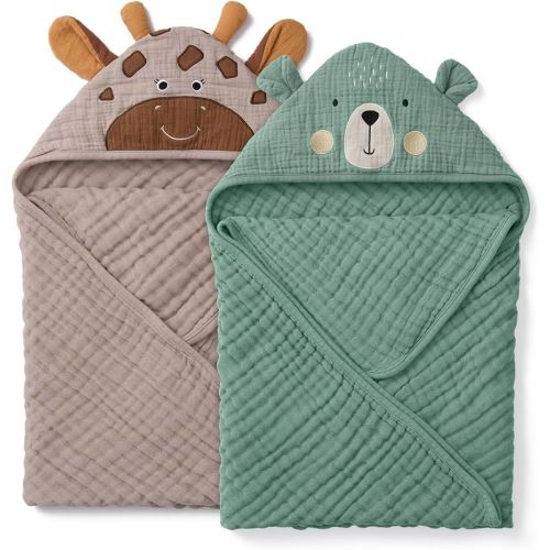 Blissful Diary Muslin Baby Hooded Towel 2 Pack, Soft & Absorbent Bath Towel for Infant, Toddler, Unisex, Baby Gift, Newborn Essentials, Bear & Giraffe