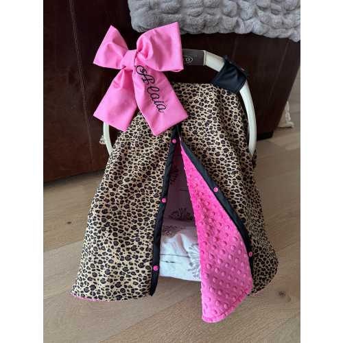 Super Cute Baby Car Seat Covers - Cheetah and Hot Pink Minky - Bow Incl - Baby Girl - Shower Gift