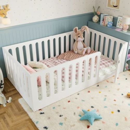 ModernLuxe Wood Montessori Floor Bed for Kids, Twin Size Low Profile Floor Bed Frame with High Guardrails & Built-in Door, White