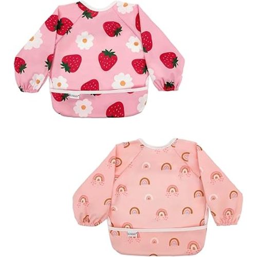 ALVABABY Baby Bibs Mess Proof Baby Bib Full Sleeve 2 Pack Toddlers Tug Proof Closure Waterproof Washable Adjustable Girls Feeding Bib 2WDJ28-CA