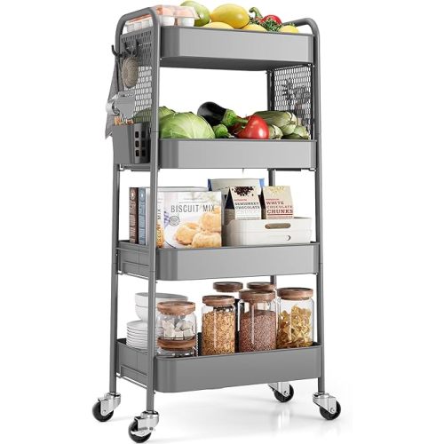 TOOLF 4 Tier Rolling Cart, Metal Utility Storage Cart with Pegboard, Grey