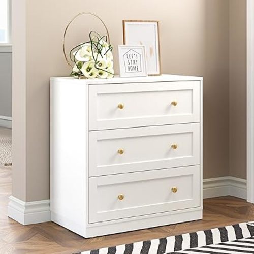 RoyalCraft Modern 3 Drawer Dresser, White and Gold Nightstand for Bedroom, Small Chest of Drawers, End Table with Storage, Wood Beside Table for Living Room, Home Office, Entryway