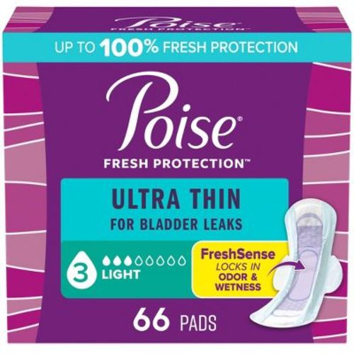 Poise Ultra Thin Incontinence Pads with Wings for Women - Light Absorbency - 3 Drop - Regular - 66ct