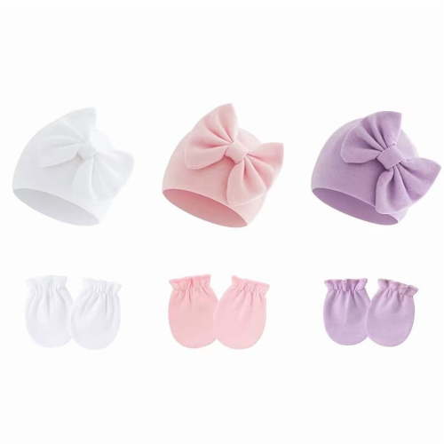 Newborn Baby Hats Mittens Sets Bow Infant Caps Gloves No Scratch Mitten Beanie Set for 0-6 Months Girls