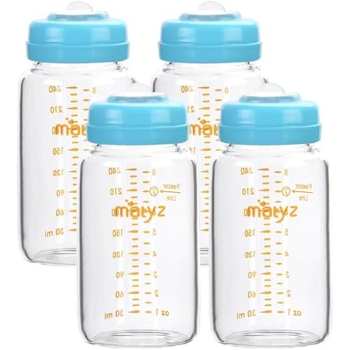 Matyz Glass Breastmilk Storage Bottles, 4 Pack, 8 oz, Sturdy Glass Bottle for Milk Freezing and Baby Feeding - Large Pumping Bottle for Philips Medela Spectra Breast Pumps - No BPA (Blue Lids)