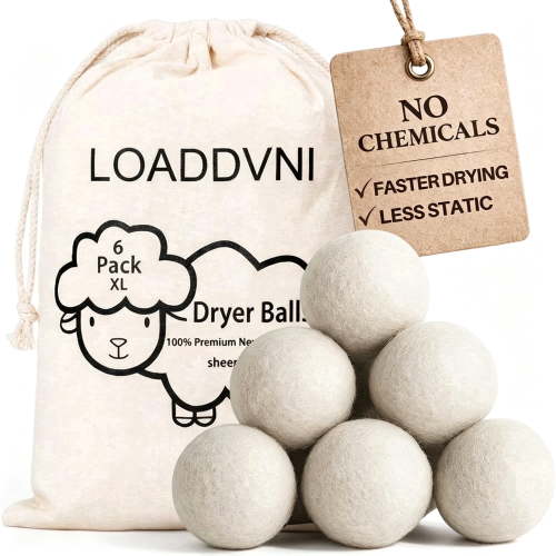 Wool Dryer Balls Organic XL 6 Balls per Pack by Loaddvni, Save Time,Money,Energy.
