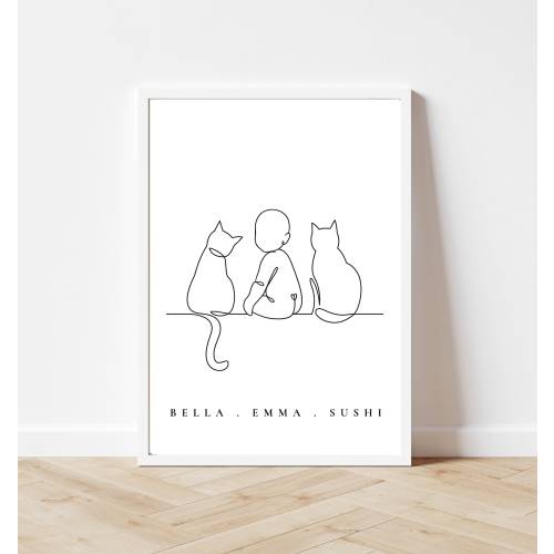 2 Cat Owner Wall Decor, 2 Cats and 1 Baby Line Drawing Wall art, Personalised Gifts New Mom, Cat Line Art, Gift for pregnant Cat mom