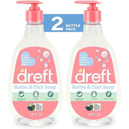 Dreft Baby, Bottle and Dish Soap, Removes Milk Film & Odor, Plant Based, Fragrance Free, Travel Size Bottles, 24 Fl Oz (Pack of 2)