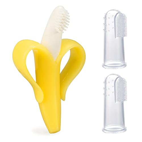 Finger Baby Toothbrush and Banana Teether, Soothing Pain Relief Silicone Baby Teething Toy for Babies, Toddlers, Infants, BPA Free, Soothes Babies Sore Gums(1 Teether 2 Finger Toothbrushes)