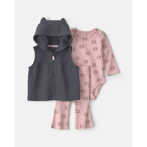 Baby Girl 3-Piece Cat Hooded Layering Set - Grey/Pink | Carter's