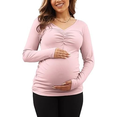 GINKANA Women Long Sleeve Maternity Shirts V Neck Ruched Sides Ribbed Knit Pregnancy Tee Tunics Tops